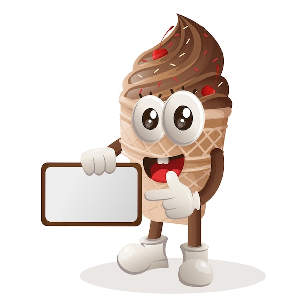 Linda mascota de helado con vallas publicitarias para el letrero de venta