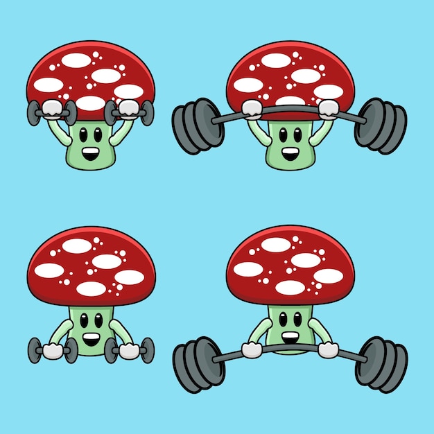 Linda mascota de hongo haciendo ejercicio usando pesas y conjunto de barras con barra de vector de ilustración