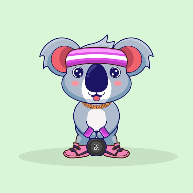 Vector linda mascota koala levantando kettlebell vector diseño linda pegatina gimnasio entrenamiento mascota estilo de dibujos animados