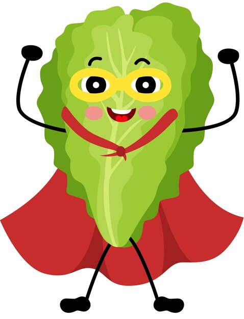 La linda mascota de lechuga verde en el traje tradicional de superhéroe