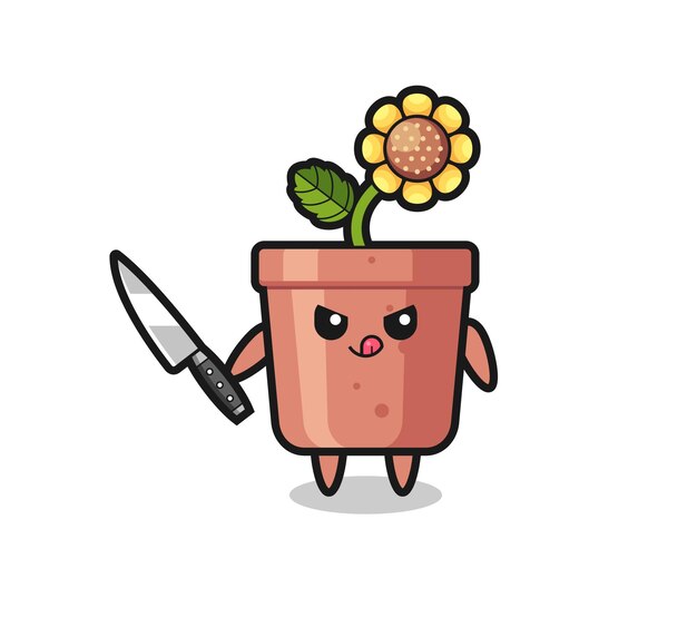 Linda mascota de maceta de girasol como psicópata sosteniendo un cuchillo