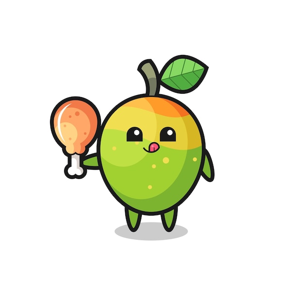 La linda mascota de mango está comiendo un diseño de estilo lindo de pollo frito para el elemento del logotipo de la etiqueta de la camiseta