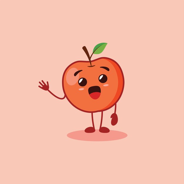 linda mascota de manzana con una cara feliz de pie en una postura saludándote mientras levanta la mano