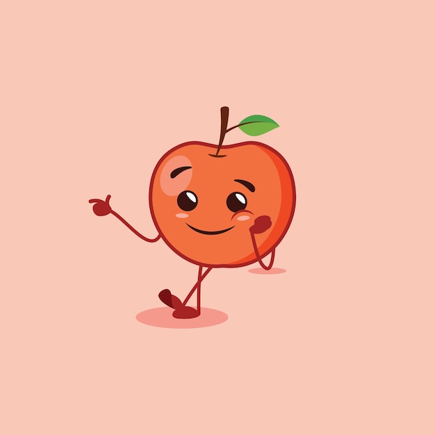 La linda mascota de la manzana se relaja mientras señala a la derecha