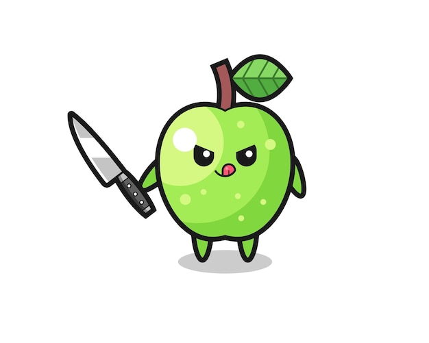 Linda mascota de manzana verde como un psicópata sosteniendo un cuchillo, diseño de estilo lindo para camiseta, pegatina, elemento de logotipo