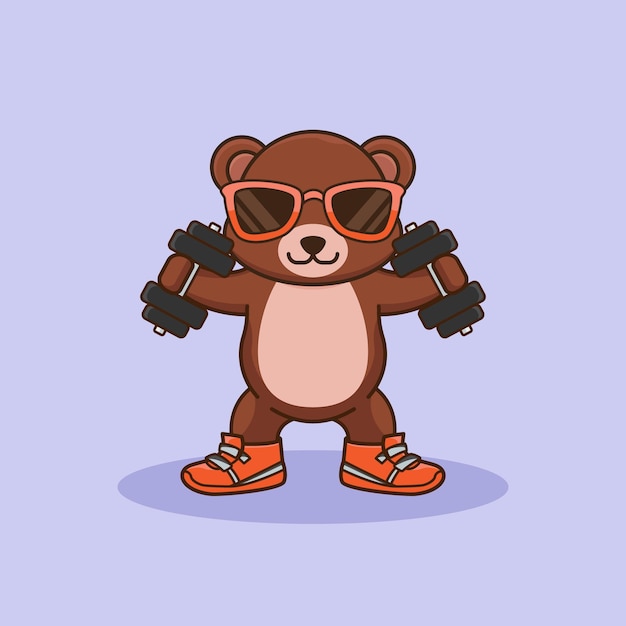 Linda mascota Oso levantando pesas Linda pegatina Gimnasio Entrenamiento mascota estilo de dibujos animados