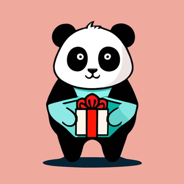 Linda mascota de un panda que lleva una caja de regalo diseño de dibujos animados planos para animales Adecuado para cumpleaños