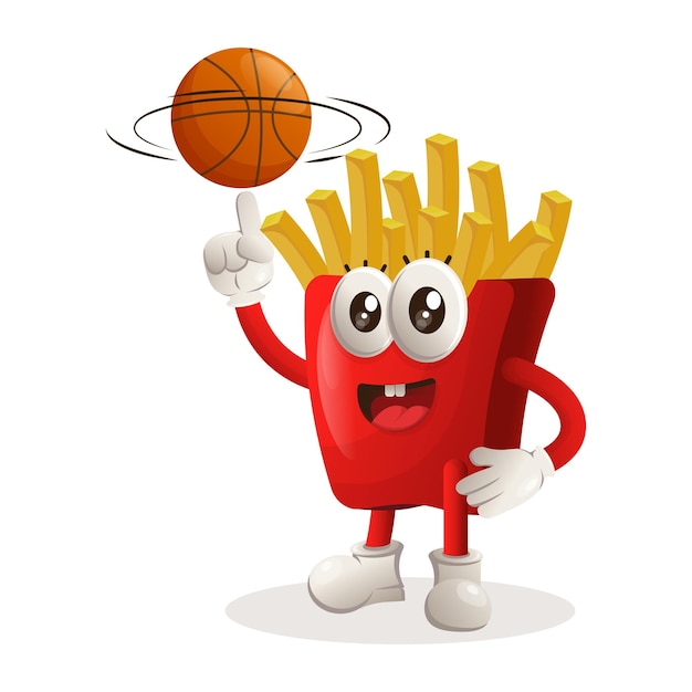 Linda mascota de papas fritas jugando baloncesto estilo libre con pelota