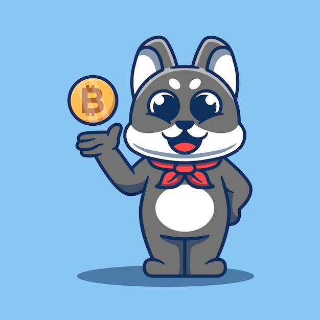 Linda mascota de perro gris con monedas de bitcoin ilustración vectorial de mascota de perro