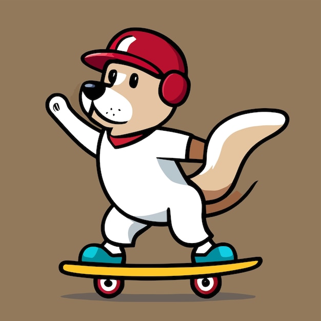 Linda mascota para un perro jugando al monopatín con un diseño de dibujos animados planos de expresión feliz para juegos de animales