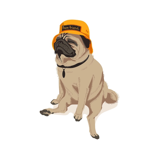 Vector linda mascota de perro pug en sombrero de panamá amarillo