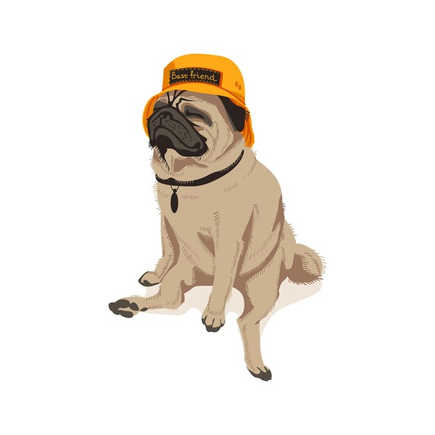Linda mascota de perro pug en sombrero de Panamá amarillo