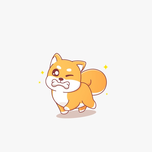 Vector linda mascota de perro shiba inu mordiendo la ilustración de vector de hueso