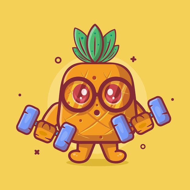 Linda mascota de personaje de fruta de piña haciendo culturismo usando dibujos animados aislados con mancuernas