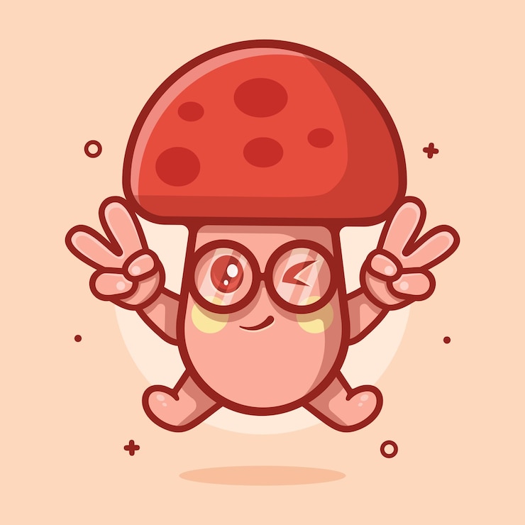 Vector linda mascota de personaje de hongo con signo de paz gesto de mano dibujos animados aislados en diseño de estilo plano