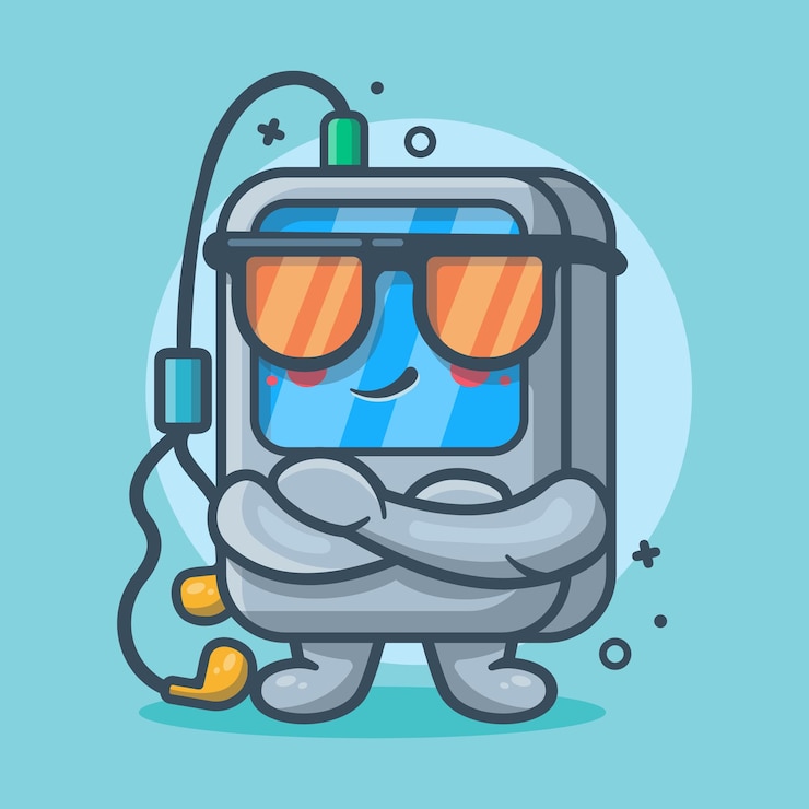 Vector linda mascota de personaje de reproductor de música portátil con dibujos animados aislados de expresión genial