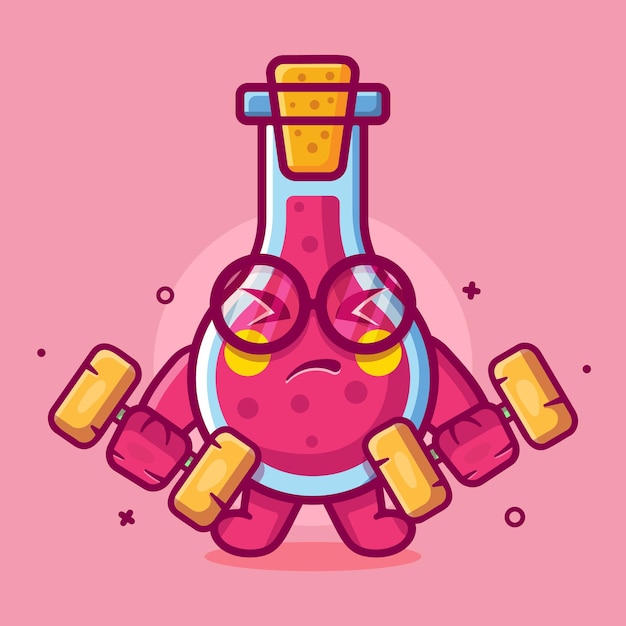 Linda mascota de personaje de vidrio matraz haciendo culturismo usando dibujos animados aislados con mancuernas