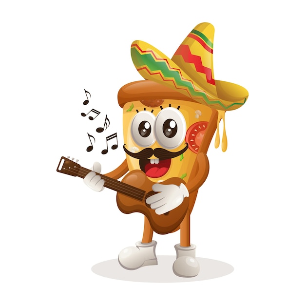 Linda mascota de pizza con sombrero mexicano tocando la guitarra