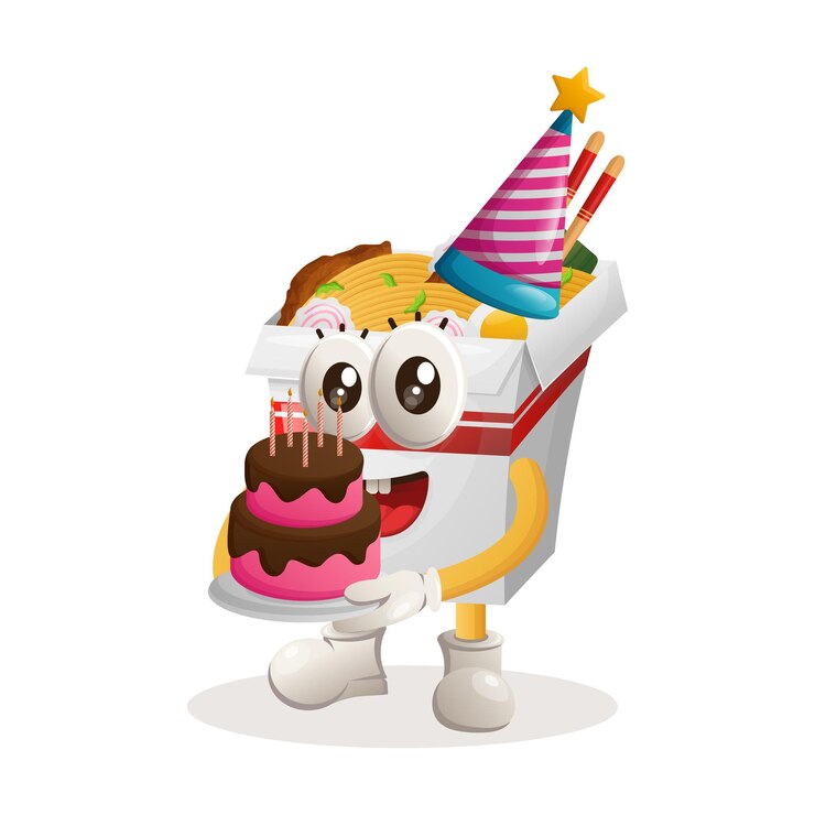 Vector linda mascota de ramen con un sombrero de cumpleaños con pastel de cumpleaños