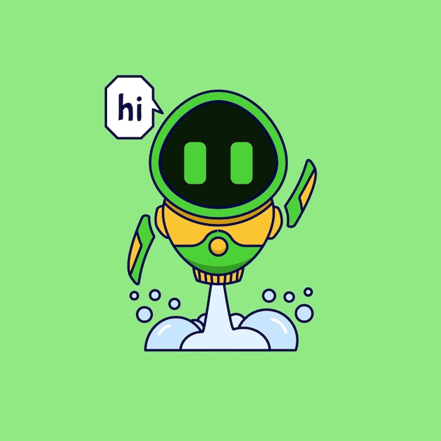 Linda mascota robot verde saludando y diciendo hola icono de dibujos animados ilustración. Diseño plano de dibujos animados