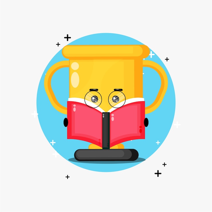 Vector linda mascota trofeo leyendo un libro