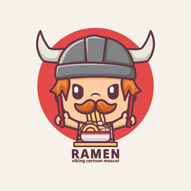 Vector una linda mascota vikinga de dibujos animados con fideos japoneses de ramen