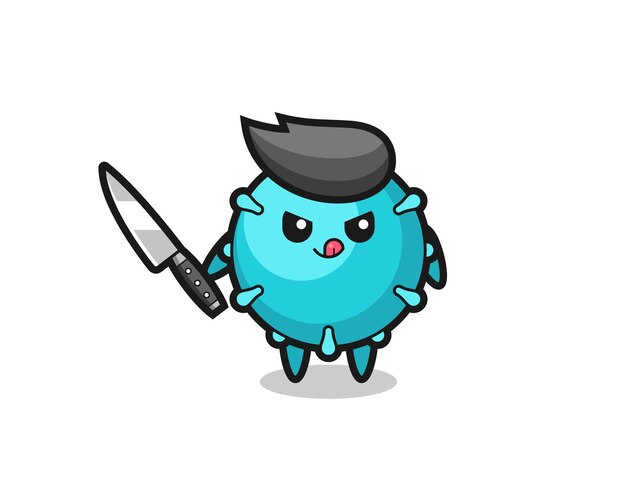 Linda mascota de virus como un psicópata sosteniendo un cuchillo, diseño de estilo lindo para camiseta, pegatina, elemento de logotipo