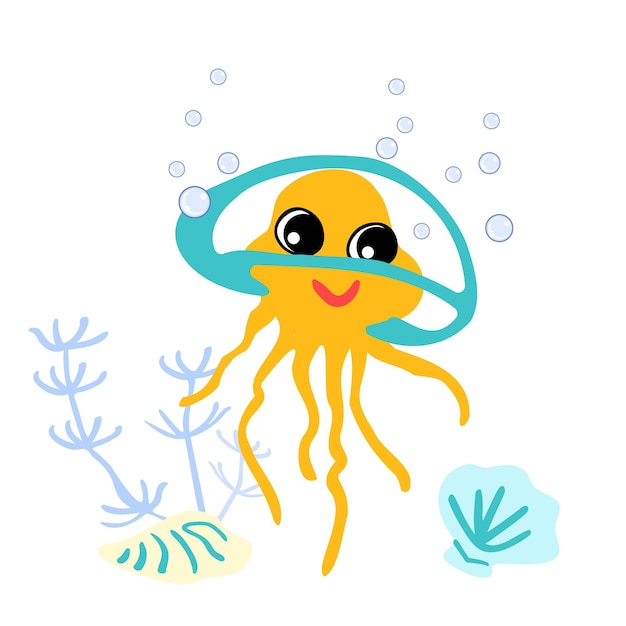 Linda medusa transparente con burbujas de conchas marinas y algas marinas bajo el agua Ilustración vectorial del carácter de la vida marina
