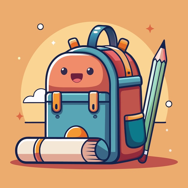 Linda mochila de dibujos animados con lápiz y papel enrollado