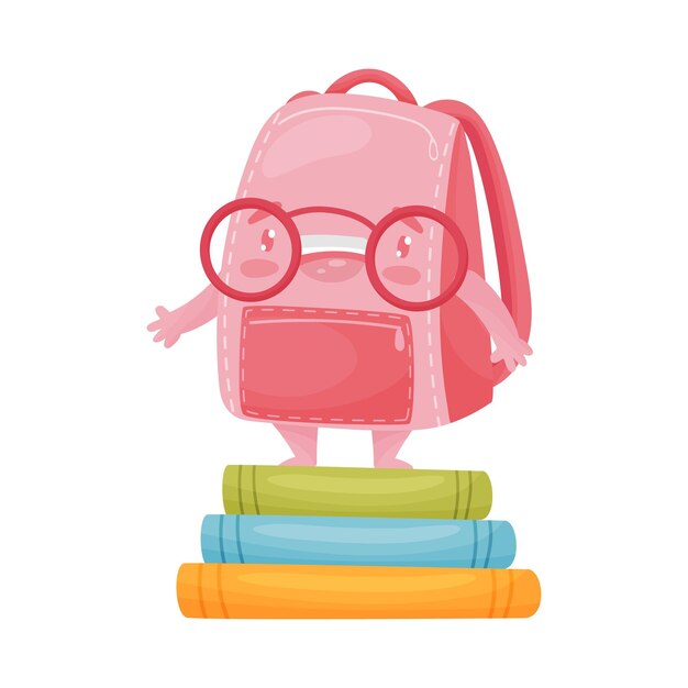 Vector linda mochila rosa humanizada con gafas se encuentra en una pila multicolor de libros ilustración vectorial sobre fondo blanco