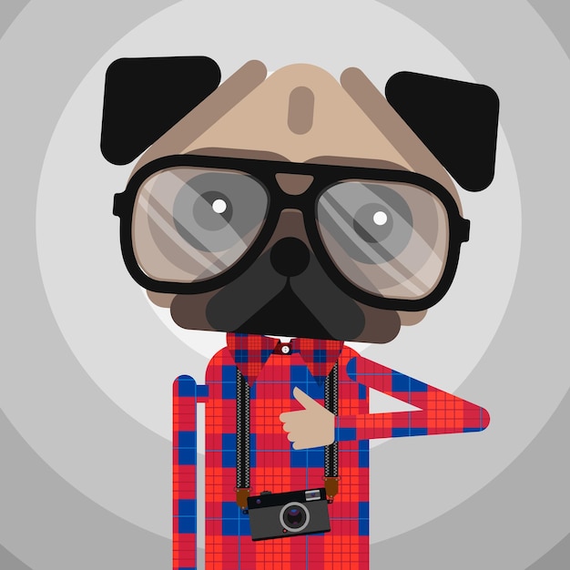 Linda moda Hipster pug perro mascota vector ilustración
