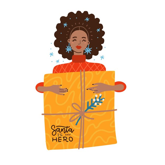 Vector linda mujer afroamaricana sonriente con caja de regalo de navidad feliz niña grande presente carro femenino ...