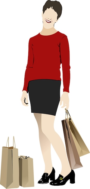 Una linda mujer de compras con bolsas de ilustraciones de colores