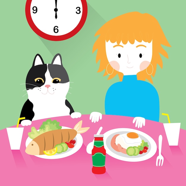 Vector linda mujer de dibujos animados y gran gato desayunando