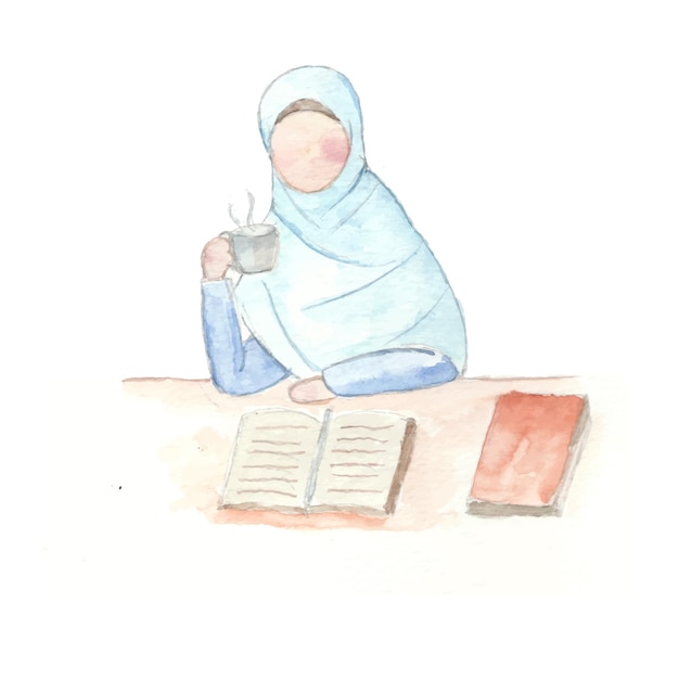 Linda mujer hijab leyendo una ilustración de libro