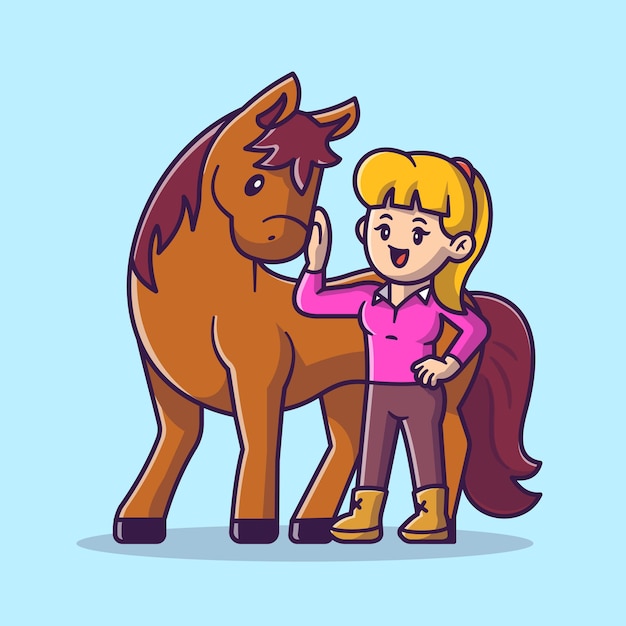 Vector linda mujer con ilustración de icono de vector de dibujos animados de caballo. concepto de icono de animales de personas aislado vector premium. estilo de dibujos animados plana