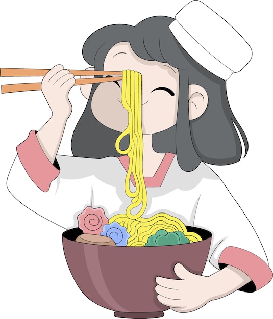 Una linda mujer japonesa disfrutando de un cuenco de deliciosos fideos ramen