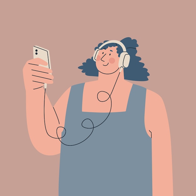 Linda mujer joven con auriculares en la cabeza y sosteniendo un teléfono inteligente en la mano La persona está escuchando música, un audiolibro o un podcast Ilustración aislada vectorial para el diseño