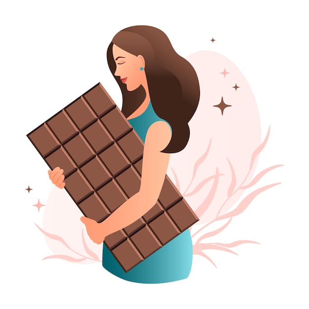 Linda mujer joven feliz sosteniendo una gran barra de chocolate Un día sin dieta