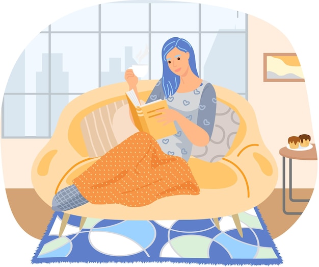 Linda mujer joven en silla leyendo libro bebiendo té Hogar y belleza chica literatura e información