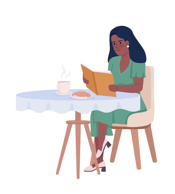 Linda mujer leyendo un libro y bebiendo café solo carácter de vector de color semi plano