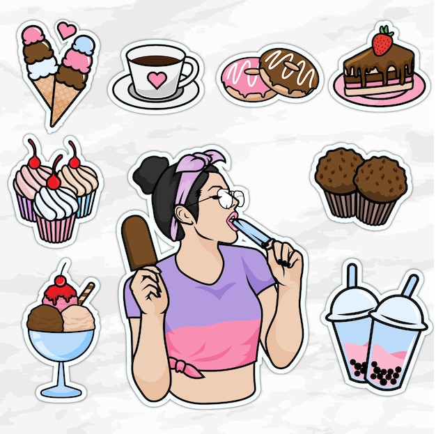 Vector linda mujer pegatina set accesorios dibujos animados comer postre