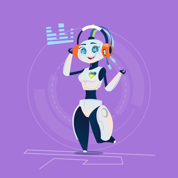 Vector linda mujer robot escucha música