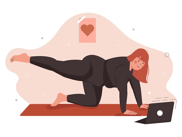 Linda mujer con sobrepeso haciendo yoga. Concepto de amor por tu Cuerpo.