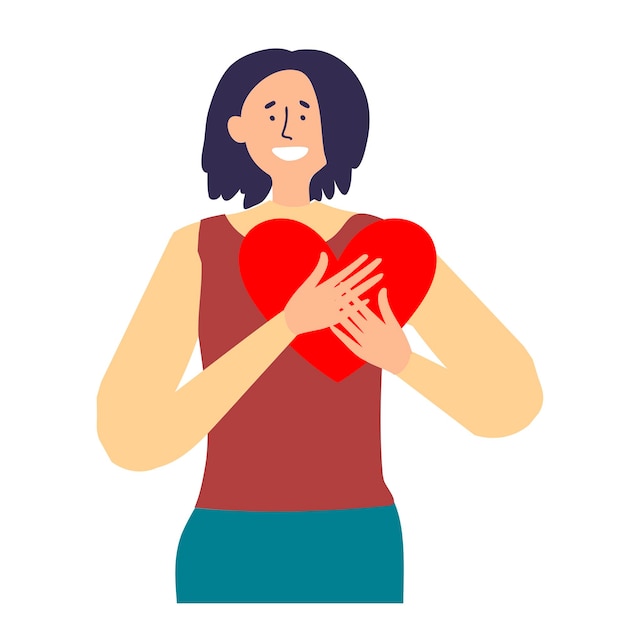 Vector linda mujer sonriente se siente agradecida por el cuidado del amor y el apoyo tomados de la mano en el pecho muestran sentimientos sinceros que provienen del corazón