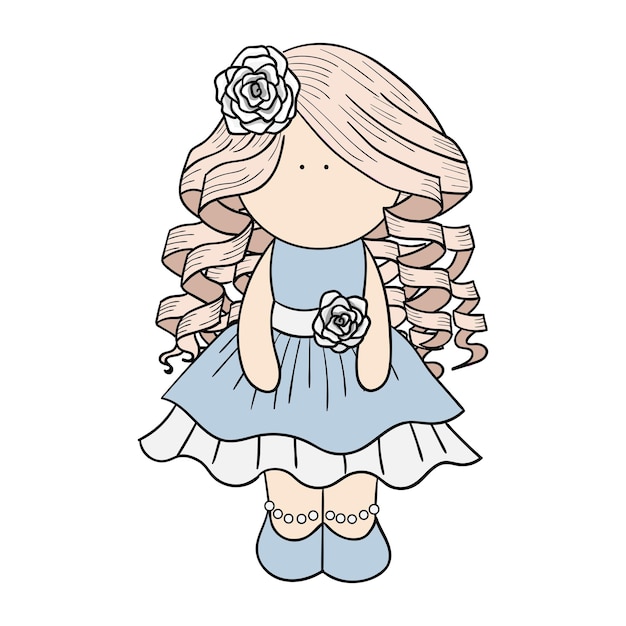 Linda muñeca de pelo largo y rizado con un vestido azul esponjoso. Ilustración de vector en estilo doodle