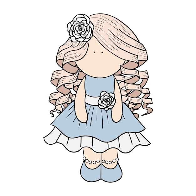 Linda muñeca de pelo largo y rizado con un vestido azul esponjoso. ilustración de vector en estilo doodle