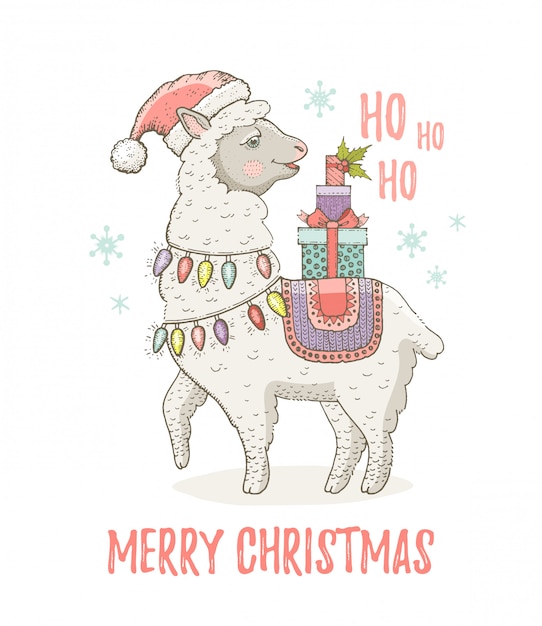 Linda Navidad alpaca llama en sombrero de Santa. Para el diseño de impresión de tarjetas de felicitación o camisetas.
