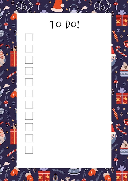 Linda Navidad para hacer lista plantilla estilo de dibujos animados Papel A4 imprimible para página de diario de viñetas Ilustración de vector moderno de moda diseño plano dibujado a mano