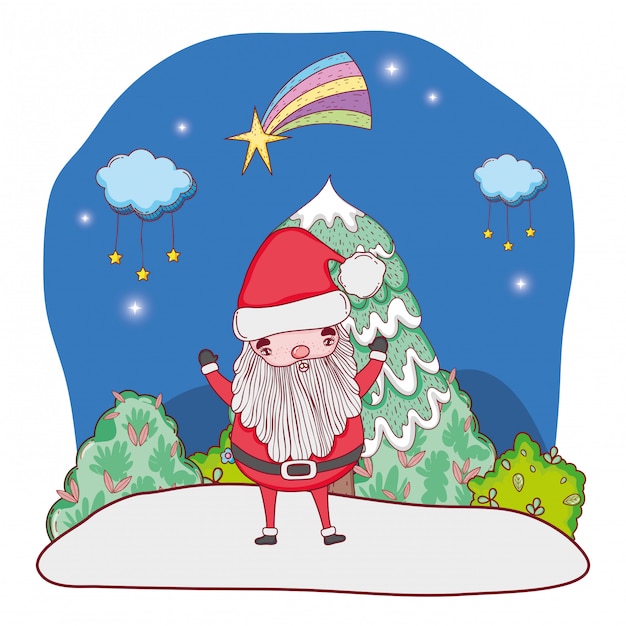 Linda Navidad santa claus con el árbol en el paisaje nevado
